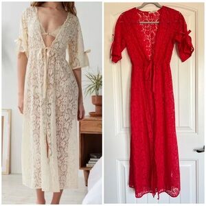 NEW Urban Outfitters  Sleepwear Red Floral Lace Midi Robe Dress Sz OS
